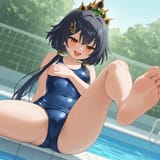 01806-361546692-school_swimsuit, blush, aroused, small breasts, barefeet, soles smug smile, open mouth, BREAK outdoors, poolside, foot focus, le