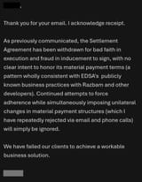 RAZBAM withdrawing Settlement Agreement