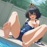 01800-1264250186-school_swimsuit, blush, aroused, small breasts, barefeet, soles smug smile, open mouth, BREAK outdoors, poolside, foot focus, le