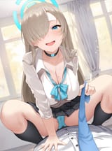 yande.re 1182259 blue_archive cameltoe cleavage halo ichinose_asuna open_shirt pantsu roina_(effj7473) seifuku skirt_lift thong