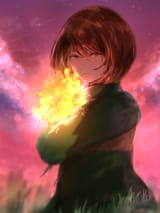 Chara holding flowers across a purple sky