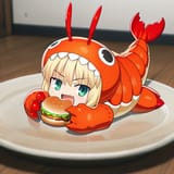 02502-512439902-_lora_Artoria_Pendragon_0.8_, artoria pendragon, 1 girl, green eyes, low ponytail, cute puffy lobster mascot costume, lobster co