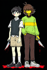 2boys, couple, standing, {{artist_omocat}}, holding knife s-4257296594