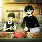 2boys, standing, {{artist_omocat}}, kitchen, cooking, meat, counter, cutting boa s-3300779380