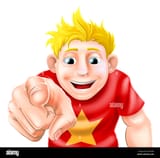 an-illustration-of-a-cartoon-man-or-boy-laughing-or-smiling-and-pointing-D22C4W