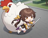03042-2025159990-detailed face, detailed eyes, shiny hair, absurdes, highres,__Outdoors, Park, Giant_white_chicken_costume, white_chicken_on_hea