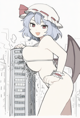 colored, 1girl, solo, touhou, remilia scarlet, large breasts, leaning on object, s-1949003599