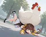 03044-3842977661-detailed face, detailed eyes, shiny hair, absurdes, highres,__Outdoors, Park, Giant_white_chicken_costume, white_chicken_on_hea