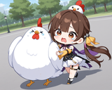 03058-3667680668-detailed face, detailed eyes, shiny hair, absurdes, highres,__Outdoors, Park, Giant_white_chicken_costume, white_chicken_on_hea