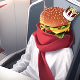 00162-1903213357-white shirt, red scarf mouth mask, crown with burger king logo, airplane seat..