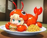 02564-3796773361-_lora_Artoria_Pendragon_0.8_, artoria pendragon, 1 girl, green eyes, low ponytail, cute puffy lobster mascot costume, lobster co