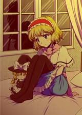 alice_sitting on her bed_with marisa doll_real marisa silhouette behind the window