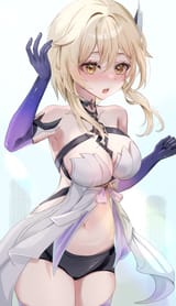 gelbooru.com 12080901 1girl bare_shoulders blonde_hair blush breasts chuuna_(unagiunazy) cleavage collarbone full