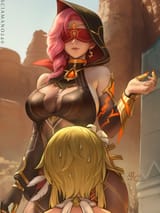 gelbooru.com 8199633 2023 2girls arm_at_side artist_name asymmetrical_hair babel_(genshin_impact) bare_shoulders full