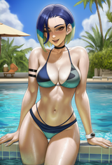 One woman, emerging from a pool, catching her breath, arms straight and hands on s-2407762952