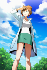 1girl, professor juniper, araragi professor, pokemon bw, outdoors, shading eyes s-3874314714