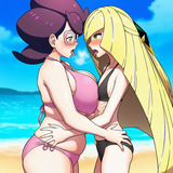 2girls, wicke (pokemon), lusamine (pokemon), official art, breast envy, beach, s s-377206645