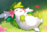 Pokemon, no humans, grass, Shaymin, asleep, on back, open mouth, drooling s-572008192
