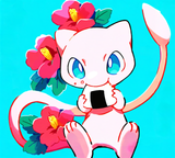 No humans, pokemon, mew (pokemon), eating, onigiri, flower, pink flower, food on s-1992139464
