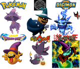 ghosts, usually purple or blue, wearing witch hats, usually bent