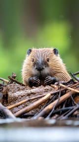 cute-beaver-sitting-dam-natural-habitat-daylight-small-sits-top-carefully-built-surrounded-twigs-mud-its-376740456