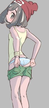 lolibooru 191472 bare_shoulders grey_background matching_hair_eyes mizuki_(pokemon) poke_ball_theme pokeball_symbol pokemon_(game) simple_background sleeveless_shirt