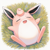 No humans, pokemon, Wigglytuff, white background, on ground, asleep, grass s-3066230569