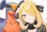 Pokemon, Cynthia (pokemon), black shirt, black coat, Garchomp, smile, wavy, blus s-1098275618