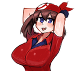 119181 - 1girl arms_up artist_unknown bandana brown_hair huge_breasts may pokemon