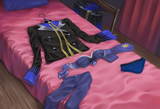 pokemon, {{no humans}}, unworn clothes, bedroom, bed, wooden floor, Geeta (pokem s-2293759607