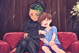 1girl, 1boy, couch, sitting, hug, arm hug, against wall, living room, Nemona (po s-102120738