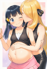 1girl, Cynthia (pokemon), Dawn (pokemon), pregnant, hand on another&#039;s stomach, h s-2307617980