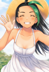 1girl, Pokemon, Nemona (pokemon), sundress, sun hat, sky, cloud, arms up, waving s-2392716