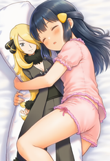 1girl, Dawn (pokemon), daikmakura (object), pajamas, pink pajamas, sleeping, on s-2084553007-3