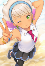 1girl, Peonia (pokemon), sleeveless, peace sign, hand on own head, leg up, stan s-616329048