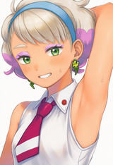 1girl, Peonia (pokemon), sleeveless, hand behind head, armpit, close-up, neckti s-2621474811