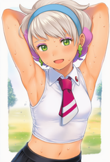 1girl, Peonia (pokemon), sleeveless, hands behind head, armpit, sweat, very swe s-51382021