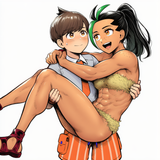 Florian carrying Nemona, 1girl, Nemona (pokemon), muscular female, Florian (poke s-298581320