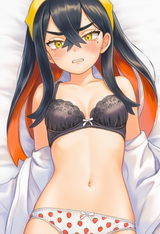 1girl, Carmine (pokemon), {{black bra}}, white panties, strawberry print, straw s-3460309789