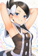 1girl, Marley (pokemon), smile, head tilt, hands behind head, armpits, black dr s-2125132440