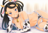 1girl, Dahlia (pokemon), nsfw, cow print bra, cow print panties, elbow gloves, t s-2138302