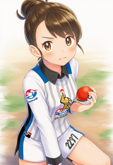 1girl, Gloria (pokemon), white shirt, white shorts, poke ball, holding poke ball s-394555316