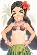 1girl, Hapu (pokemon), coconut bra, hula skirt, grass skirt, flower necklace s-3034224691