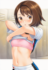 1girl, Gloria (pokemon), white shirt, white shorts, shirt lift, sports bra, pink s-2533053870