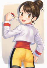 1girl, Gloria (pokemon), Kris (pokemon) (cosplay), bike shorts, red shirt, from s-3734918106