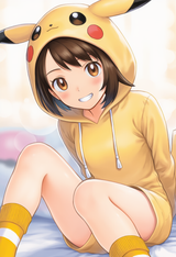 1girl, Gloria (pokemon), Pikachu onesie, poke kid (cosplay), yellow socks, hands s-327801311