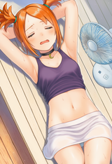 1girl, Rui (pokemon), sweat, sun, shade, outside, patio, wooden deck, open mouth s-503707541
