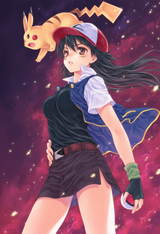 1girl, Ash Ketchum, genderswap, genderswap (mtf), long hair, pikachu, pokemon, p s-2061901704