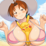 Pikachu stuck between Delia&#039;s breasts and trying to escape, 1girl, hug, hug from s-3318174216