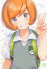 Trevor (pokemon), 1boy, orange hair,, standing, smile, peace sign, white shirt s-2705403298